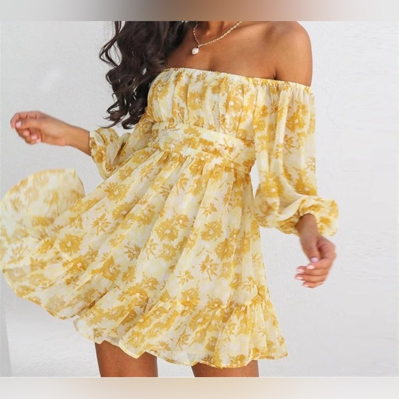 YELLOW AND WHITE OFF SHOULDER TIE BACK FLORAL SPRING MINI DRESS (medium) tags - Picture 4 of 16